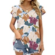 AILLOSA YH-608 Tamamı Baskılı Fırfırlı Kısa Kollu V Yakalı Kadın T-shirt