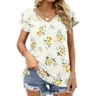 AILLOSA YH-61 Tamamı Baskılı Fırfırlı Kısa Kollu V Yakalı Kadın T-shirt