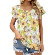 AILLOSA YH-611 Tamamı Baskılı Fırfırlı Kısa Kollu V Yakalı Kadın T-shirt
