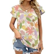 AILLOSA YH-612 Tamamı Baskılı Fırfırlı Kısa Kollu V Yakalı Kadın T-shirt