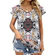 AILLOSA YH-613 Tamamı Baskılı Fırfırlı Kısa Kollu V Yakalı Kadın T-shirt