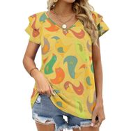 AILLOSA YH-614 Tamamı Baskılı Fırfırlı Kısa Kollu V Yakalı Kadın T-shirt