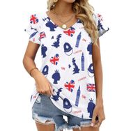 AILLOSA YH-619 Tamamı Baskılı Fırfırlı Kısa Kollu V Yakalı Kadın T-shirt
