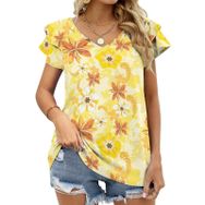 AILLOSA YH-621 Tamamı Baskılı Fırfırlı Kısa Kollu V Yakalı Kadın T-shirt