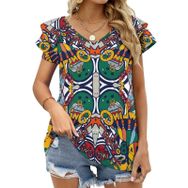 AILLOSA YH-622 Tamamı Baskılı Fırfırlı Kısa Kollu V Yakalı Kadın T-shirt