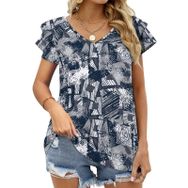 AILLOSA YH-623 Tamamı Baskılı Fırfırlı Kısa Kollu V Yakalı Kadın T-shirt