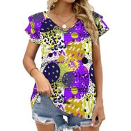 AILLOSA YH-625 Tamamı Baskılı Fırfırlı Kısa Kollu V Yakalı Kadın T-shirt