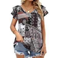 AILLOSA YH-626 Tamamı Baskılı Fırfırlı Kısa Kollu V Yakalı Kadın T-shirt