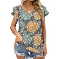 AILLOSA YH-628 Tamamı Baskılı Fırfırlı Kısa Kollu V Yakalı Kadın T-shirt