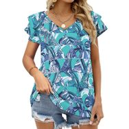 AILLOSA YH-629 Tamamı Baskılı Fırfırlı Kısa Kollu V Yakalı Kadın T-shirt