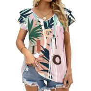 AILLOSA YH-63 Tamamı Baskılı Fırfırlı Kısa Kollu V Yakalı Kadın T-shirt