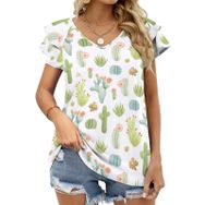 AILLOSA YH-631 Tamamı Baskılı Fırfırlı Kısa Kollu V Yakalı Kadın T-shirt