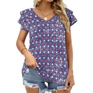 AILLOSA YH-633 Tamamı Baskılı Fırfırlı Kısa Kollu V Yakalı Kadın T-shirt