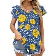 AILLOSA YH-634 Tamamı Baskılı Fırfırlı Kısa Kollu V Yakalı Kadın T-shirt