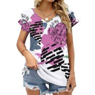 AILLOSA YH-635 Tamamı Baskılı Fırfırlı Kısa Kollu V Yakalı Kadın T-shirt