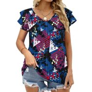 AILLOSA YH-638 Tamamı Baskılı Fırfırlı Kısa Kollu V Yakalı Kadın T-shirt