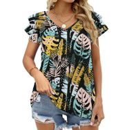 AILLOSA YH-639 Tamamı Baskılı Fırfırlı Kısa Kollu V Yakalı Kadın T-shirt