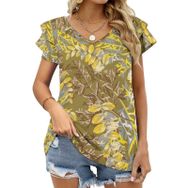 AILLOSA YH-64 Tamamı Baskılı Fırfırlı Kısa Kollu V Yakalı Kadın T-shirt