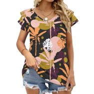 AILLOSA YH-641 Tamamı Baskılı Fırfırlı Kısa Kollu V Yakalı Kadın T-shirt