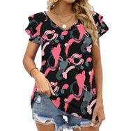 AILLOSA YH-642 Tamamı Baskılı Fırfırlı Kısa Kollu V Yakalı Kadın T-shirt