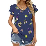 AILLOSA YH-643 Tamamı Baskılı Fırfırlı Kısa Kollu V Yakalı Kadın T-shirt