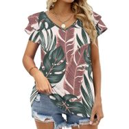 AILLOSA YH-65 Tamamı Baskılı Fırfırlı Kısa Kollu V Yakalı Kadın T-shirt