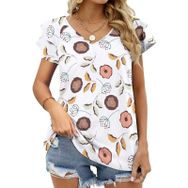 AILLOSA YH-650 Tamamı Baskılı Fırfırlı Kısa Kollu V Yakalı Kadın T-shirt