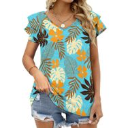 AILLOSA YH-651 Tamamı Baskılı Fırfırlı Kısa Kollu V Yakalı Kadın T-shirt