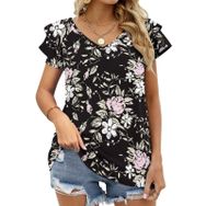 AILLOSA YH-657 Tamamı Baskılı Fırfırlı Kısa Kollu V Yakalı Kadın T-shirt