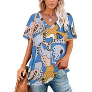 AILLOSA YH-658 Tamamı Baskılı Kısa Kollu V Yakalı Kadın T-shirt