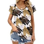 AILLOSA YH-660 Tamamı Baskılı Fırfırlı Kısa Kollu V Yakalı Kadın T-shirt