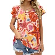 AILLOSA YH-663 Tamamı Baskılı Fırfırlı Kısa Kollu V Yakalı Kadın T-shirt