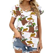 AILLOSA YH-665 Tamamı Baskılı Fırfırlı Kısa Kollu V Yakalı Kadın T-shirt