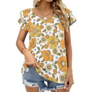 AILLOSA YH-668 Tamamı Baskılı Fırfırlı Kısa Kollu V Yakalı Kadın T-shirt