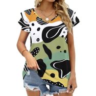 AILLOSA YH-669 Tamamı Baskılı Fırfırlı Kısa Kollu V Yakalı Kadın T-shirt