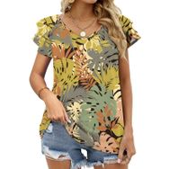 AILLOSA YH-67 Tamamı Baskılı Fırfırlı Kısa Kollu V Yakalı Kadın T-shirt