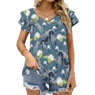 AILLOSA YH-670 Tamamı Baskılı Fırfırlı Kısa Kollu V Yakalı Kadın T-shirt