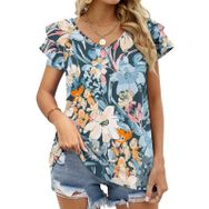 AILLOSA YH-671 Tamamı Baskılı Fırfırlı Kısa Kollu V Yakalı Kadın T-shirt