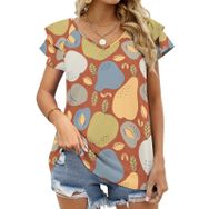 AILLOSA YH-674 Tamamı Baskılı Fırfırlı Kısa Kollu V Yakalı Kadın T-shirt