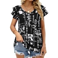 AILLOSA YH-675 Tamamı Baskılı Fırfırlı Kısa Kollu V Yakalı Kadın T-shirt