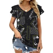 AILLOSA YH-676 Tamamı Baskılı Fırfırlı Kısa Kollu V Yakalı Kadın T-shirt
