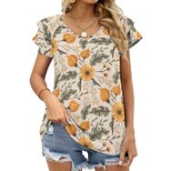 AILLOSA YH-677 Tamamı Baskılı Fırfırlı Kısa Kollu V Yakalı Kadın T-shirt