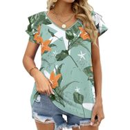 AILLOSA YH-678 Tamamı Baskılı Fırfırlı Kısa Kollu V Yakalı Kadın T-shirt