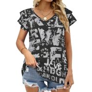 AILLOSA YH-679 Tamamı Baskılı Fırfırlı Kısa Kollu V Yakalı Kadın T-shirt
