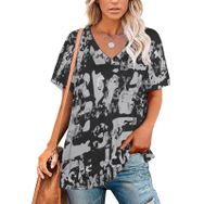 AILLOSA YH-679 Tamamı Baskılı Kısa Kollu V Yakalı Kadın T-shirt
