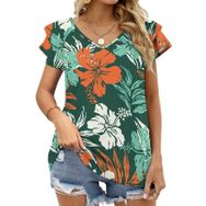 AILLOSA YH-68 Tamamı Baskılı Fırfırlı Kısa Kollu V Yakalı Kadın T-shirt