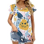 AILLOSA YH-680 Tamamı Baskılı Fırfırlı Kısa Kollu V Yakalı Kadın T-shirt
