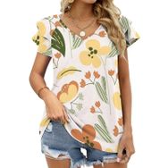 AILLOSA YH-682 Tamamı Baskılı Fırfırlı Kısa Kollu V Yakalı Kadın T-shirt
