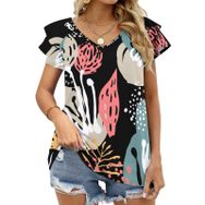 AILLOSA YH-683 Tamamı Baskılı Fırfırlı Kısa Kollu V Yakalı Kadın T-shirt