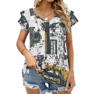 AILLOSA YH-684 Tamamı Baskılı Fırfırlı Kısa Kollu V Yakalı Kadın T-shirt